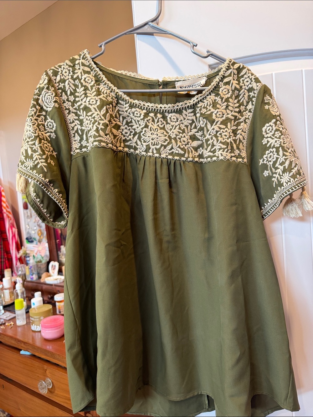 Savanna Jane Olive Green Dress with Cream Embroidery